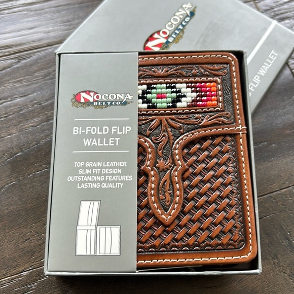 Nocona Tooled Leather,beaded diamond Aztec, Bi-Fold Flip,Western,slim fit wallet - Picture 1 of 11